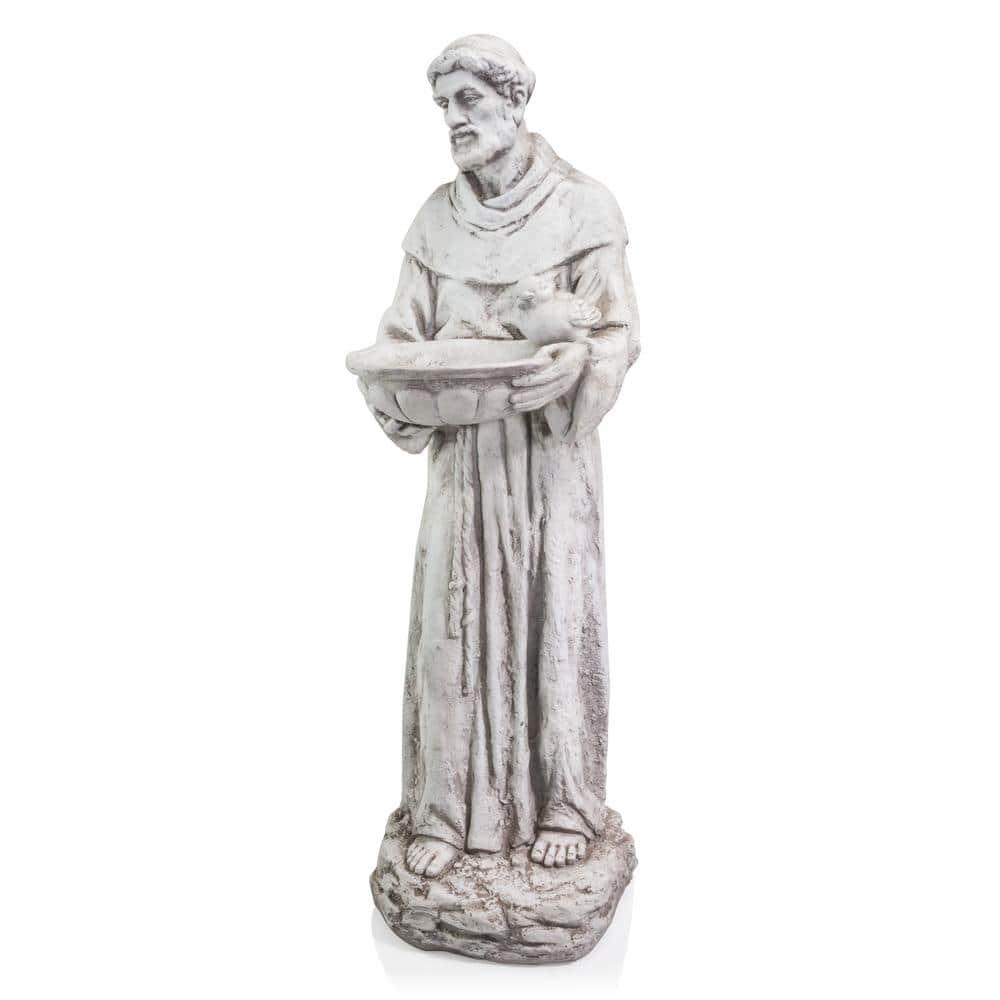 45 in. Tall Outdoor Saint Francis Birdbath Statue Yard Art Decoration, Light Gray