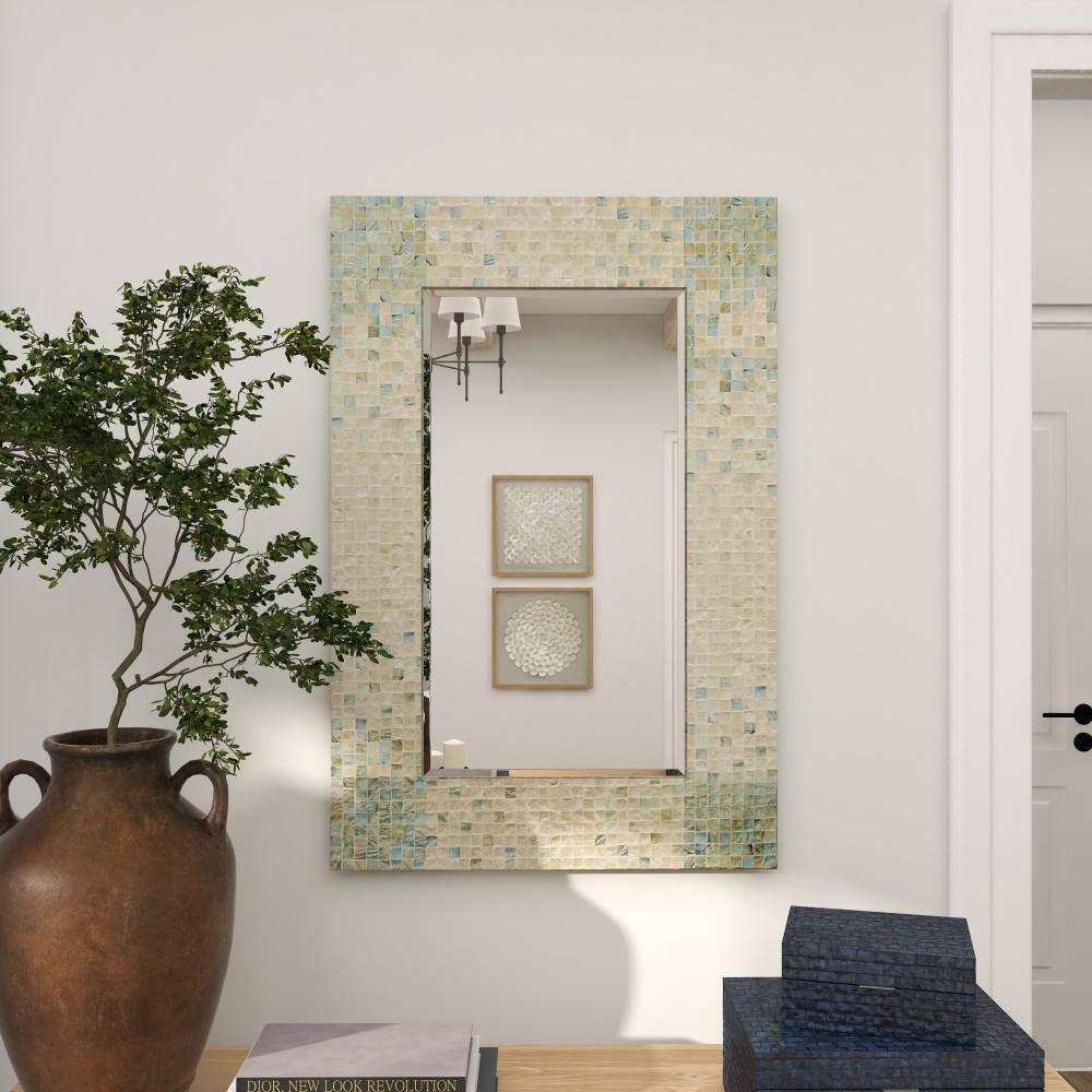 DecMode 24" x 36" Cream Handmade Mosaic Wall Mirror with Blue Corners
