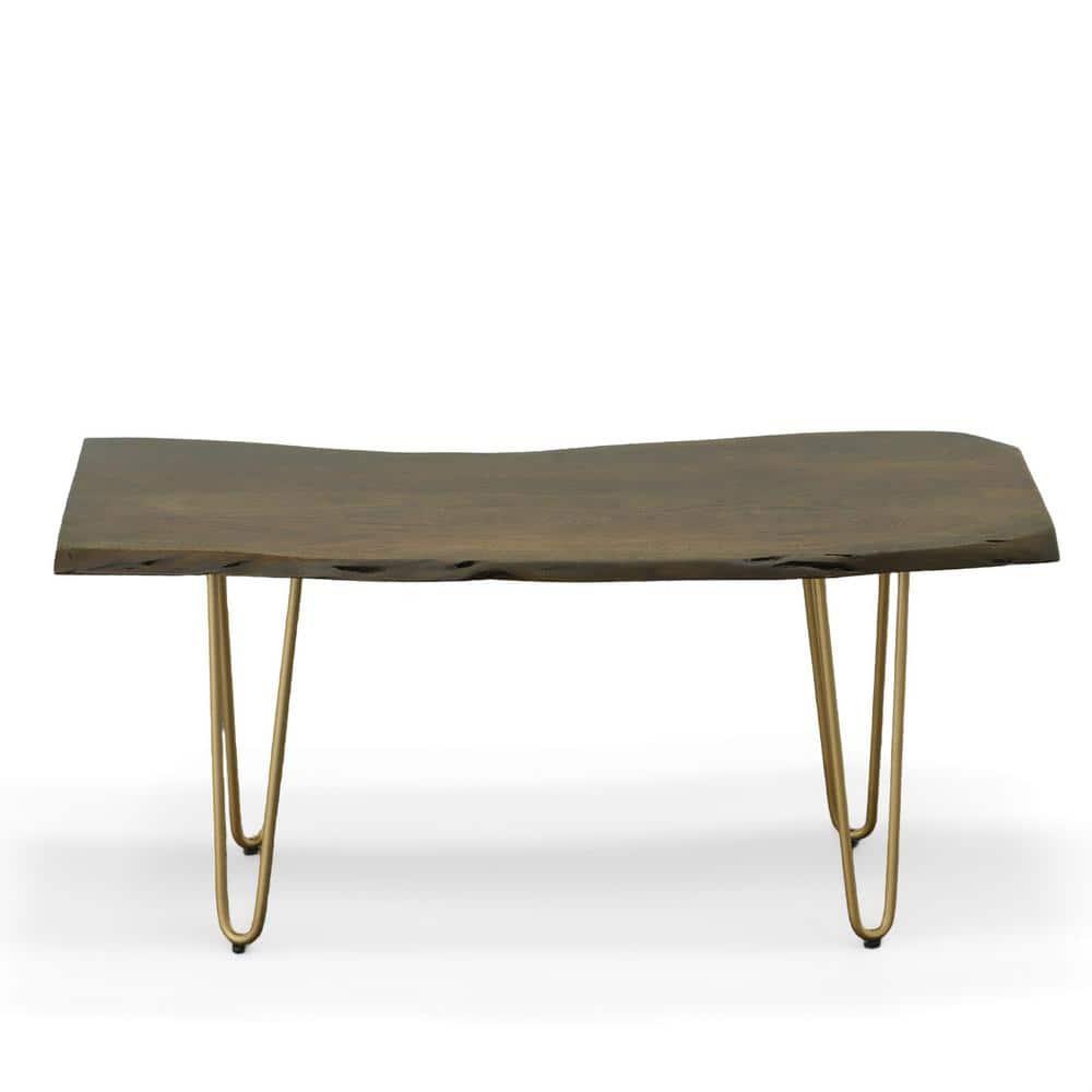 Carolina Living Langdon Live Edge Coffee Table/Bench Elm/Gold: Rectangular Acacia Top, Metal Frame, Non-Toxic Finish