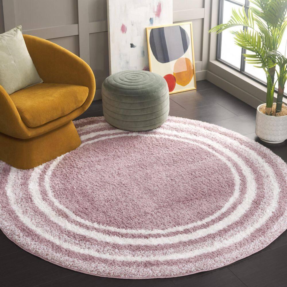 SAFAVIEH Border & Stripe Hyram Bordered Shag Area Rug, Pink/Ivory, 6'7" x 6'7" Round