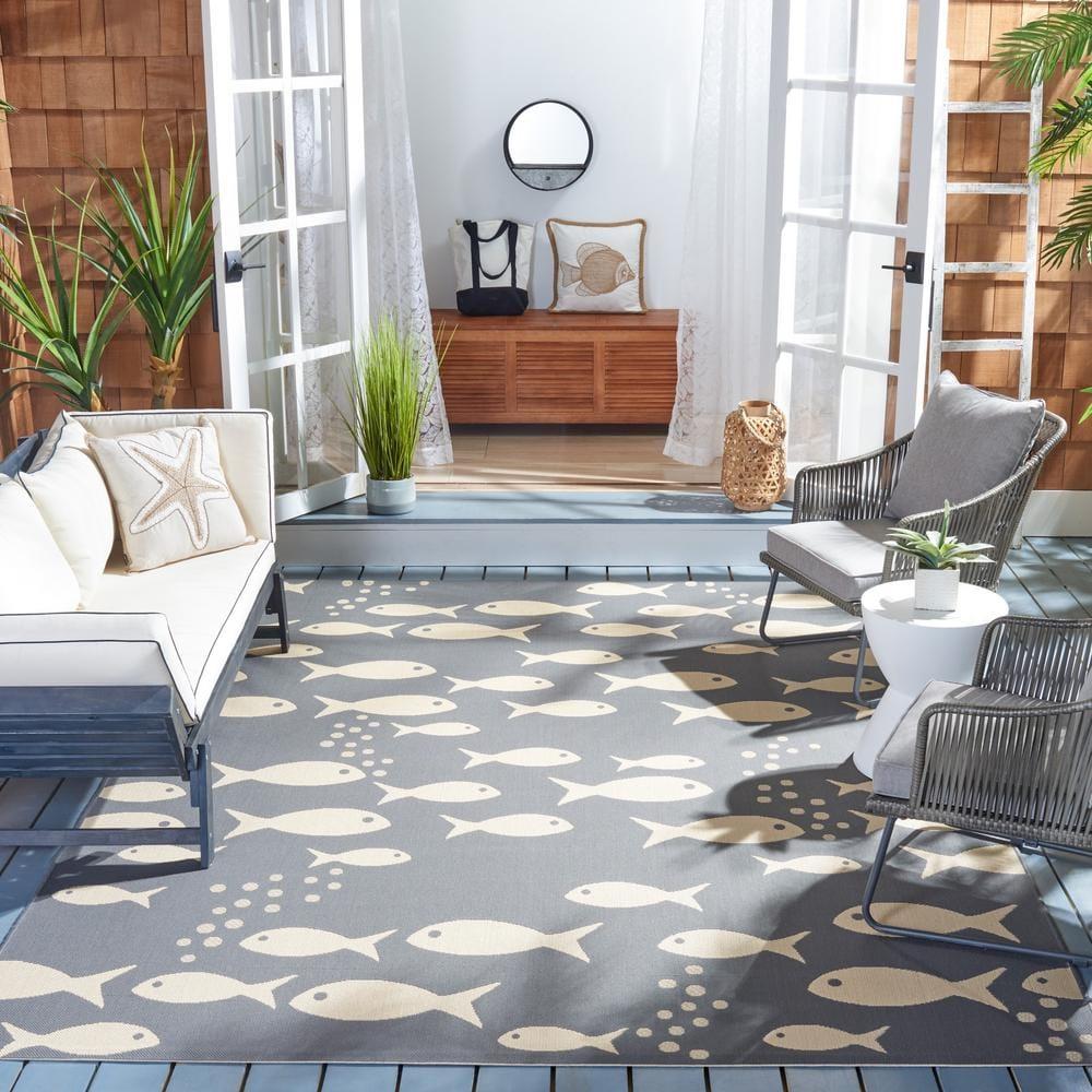 SAFAVIEH Courtyard Trena Fishes Indoor/Outdoor Area Rug, Dark Grey/Beige, 9' x 12'