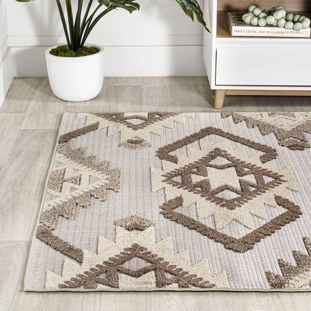 4'x6' Sumak High-Low Pile Neutral Diamond Kilim, Brown/Ivory - JONATHAN Y
