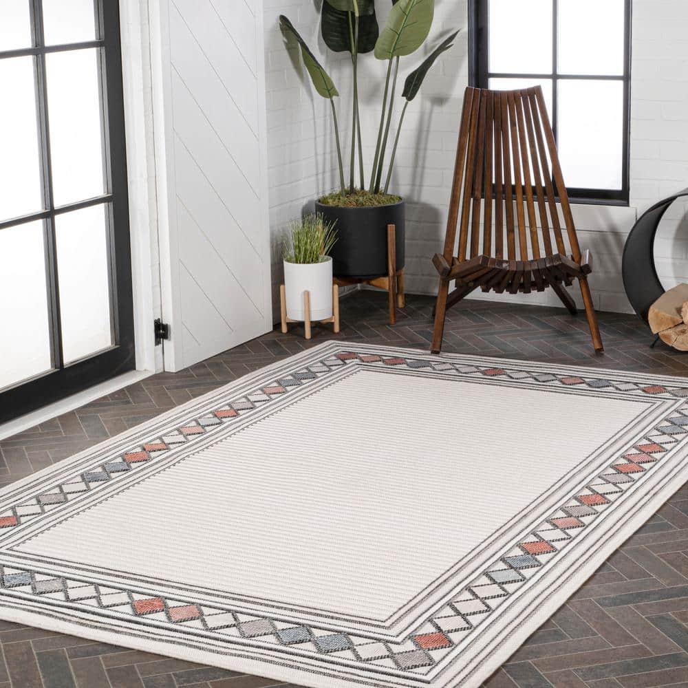 JONATHAN Y Sebastian High-Low Modern Diamond Border Ivory/Beige 3 ft. x 5 ft. Indoor/Outdoor Area Rug