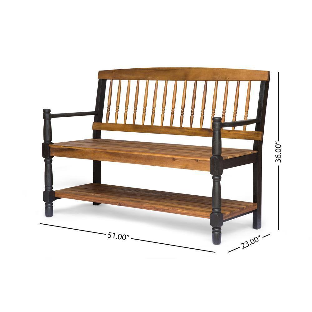 GDF Studio Kuhn Indoor/Outdoor Acacia Wood Bench with Shelf, Teak and Black