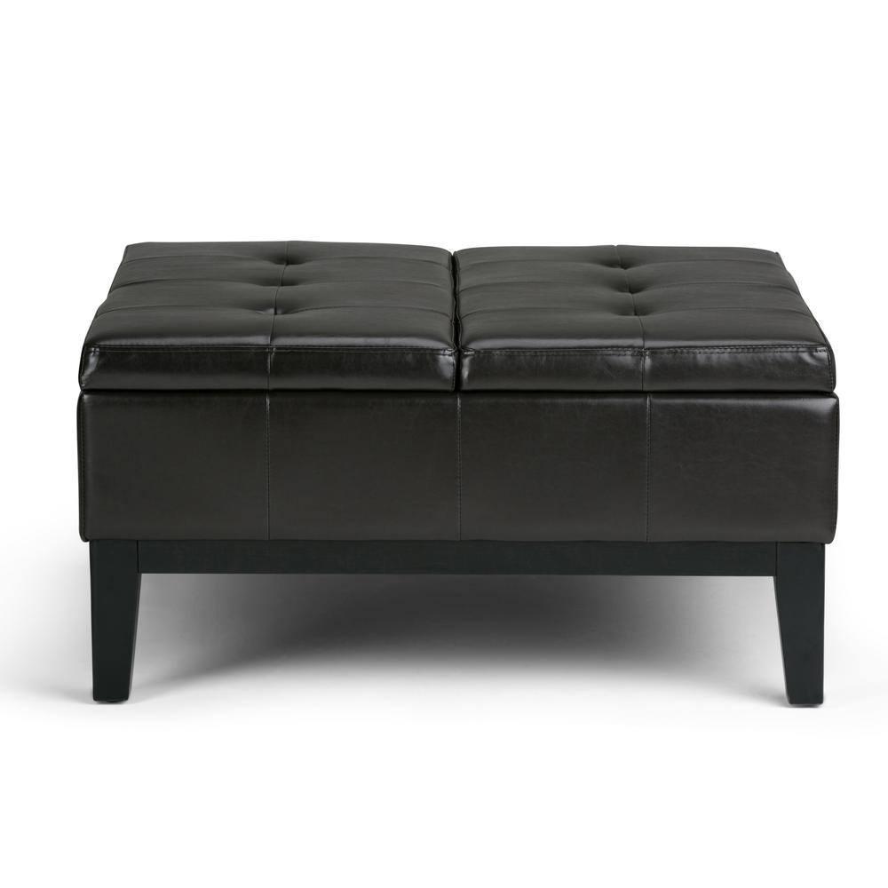 Simpli Home Dover 36"W Upholstered Square Coffee Table Storage Ottoman with Split Tufted Lift Top