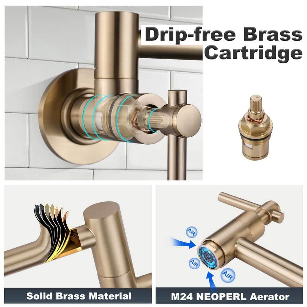 Wall Mount Pot Filler, Gold Brass Pot Filler Faucet with 2 Handles, Single Hole Stretchable Faucet with Double Joint Swing Arm Pot Filler above Stove