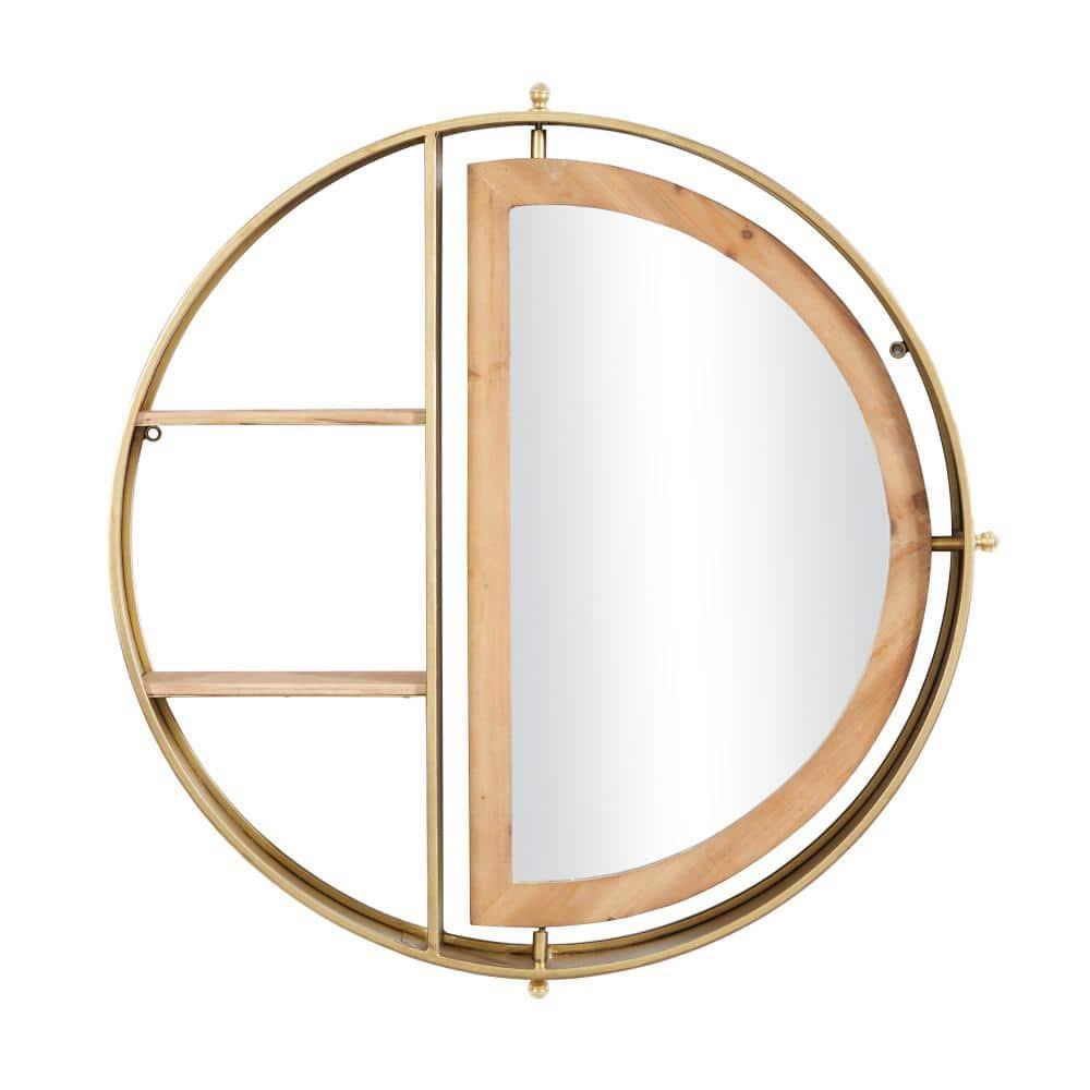 DecMode 28" x 5" 2-Tier Gold Wall Shelf with Half Moon Shaped Mirror