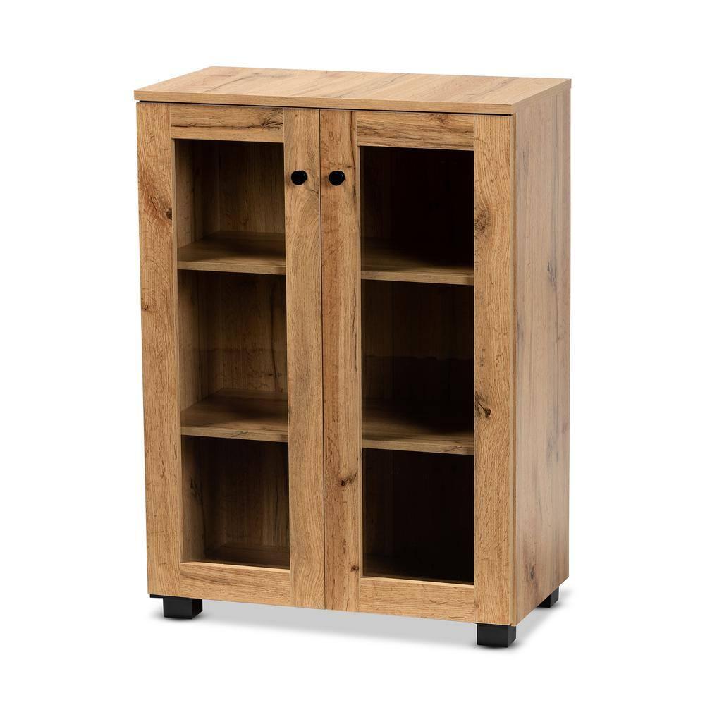 Mason Wood 2 Door Storage Cabinet with Glass Doors Oak Brown/Black - Baxton Studio: Contemporary Design, 3 Fixed Shelves