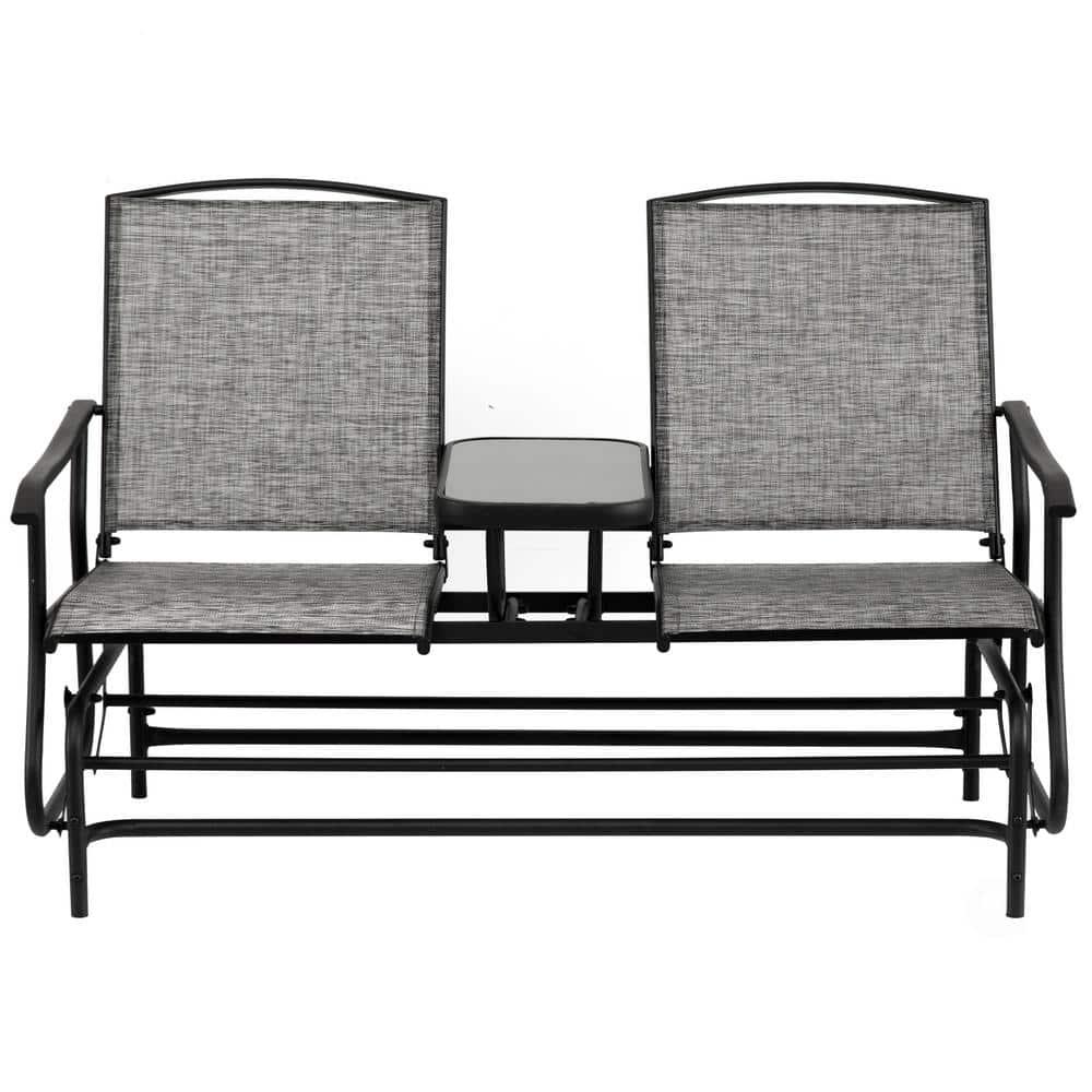 Gardenised Two Person Outdoor Double Swing Glider Chair Set with Center Tempered Glass Table, Loveseat Lawn Rocker Bench