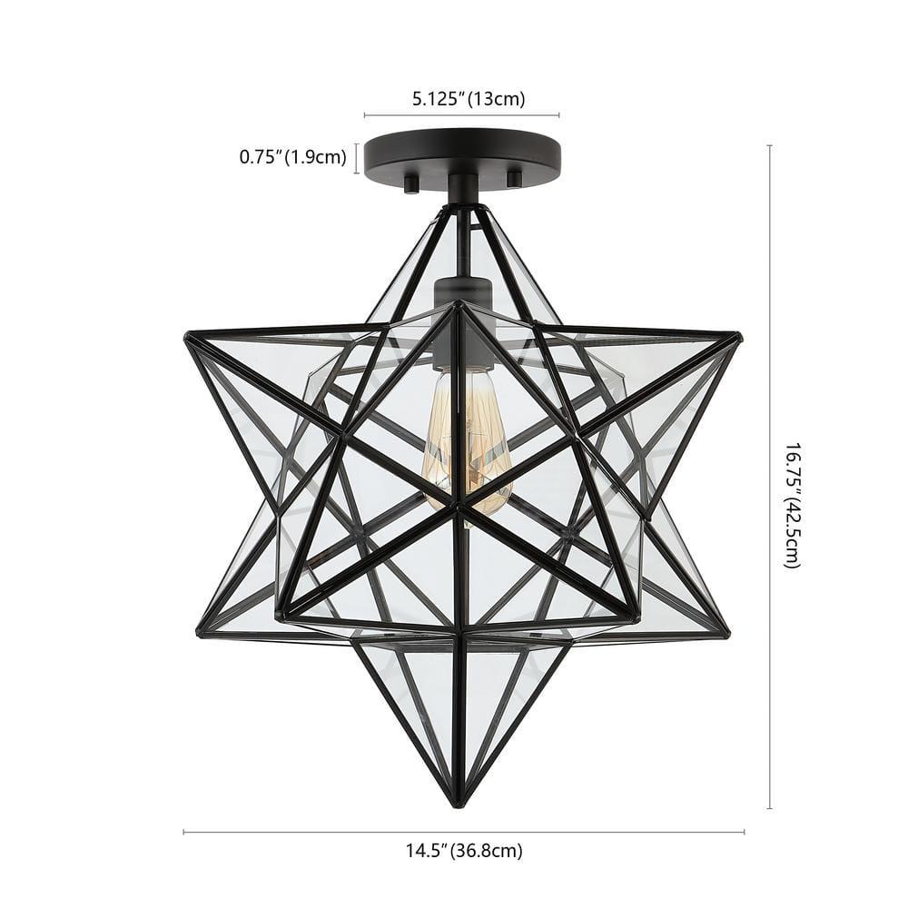 Ava 14.5" 1-Light Farmhouse Bohemian Iron/Glass LED Semi Flush Mount, Black/Clear