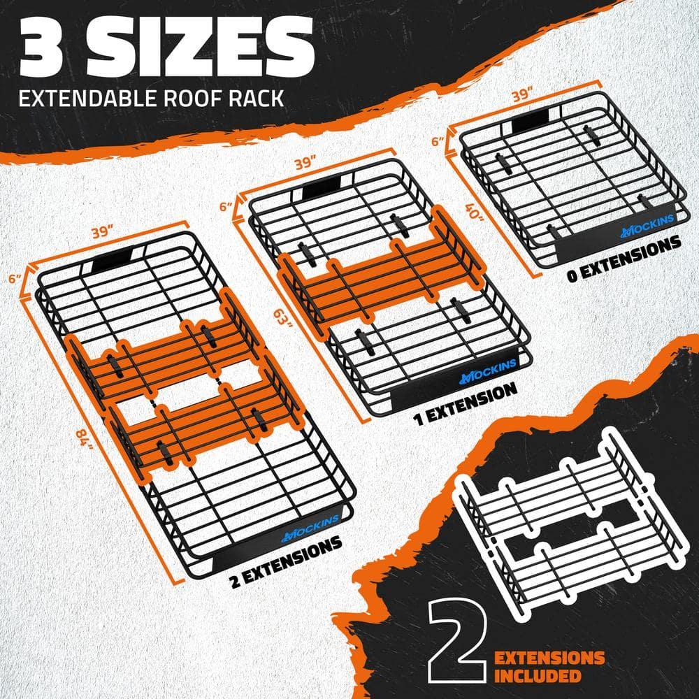Mockins 84"x39"x6" Extendable Roof Rack Cargo Carrier Set with 35 Cu. Ft. Blue Rooftop Cargo Carrier Bag, Net, Straps, Lock and Carry Case