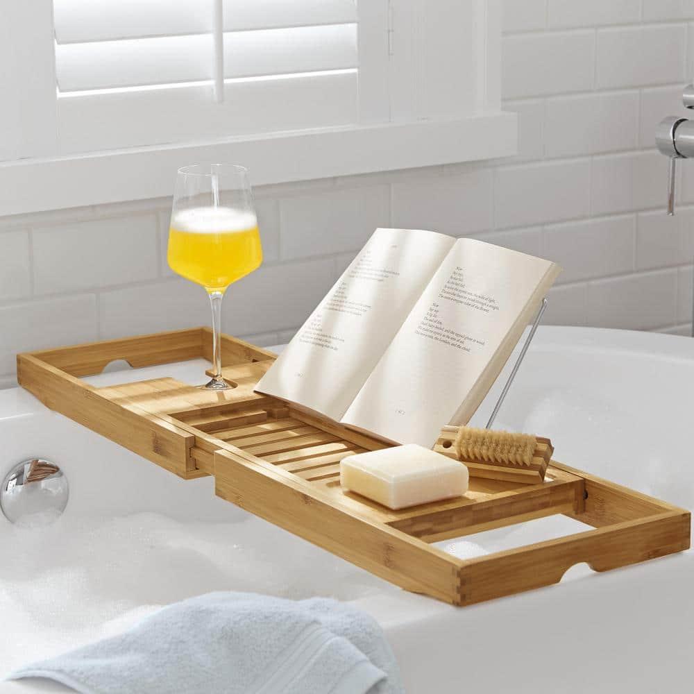 Bamboo Bath Caddy with Reader Stand and Wine Glass Holder, Adjustable Width to 41 Inches