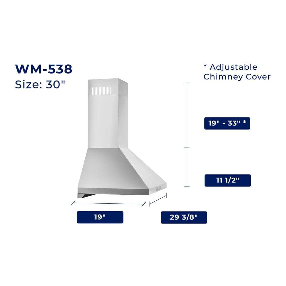 Hauslane 30" Stainless Steel 450 CFM Convertible Wall Range Hood with Baffle Filter