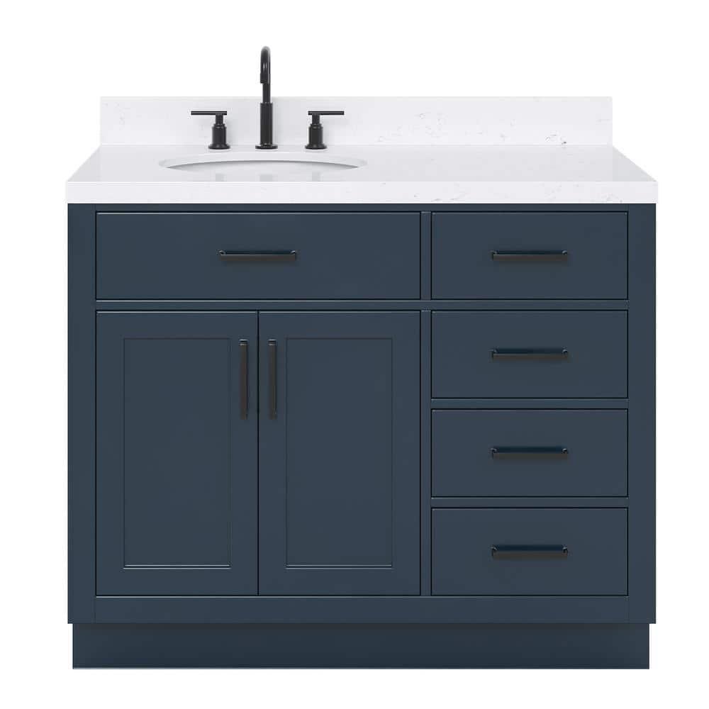 Hokku Designs Thornaby 42'' Solid Wood Single Bathroom Vanity with 1.5'' Carrara Quartz Top, Right Offset Oval Sink