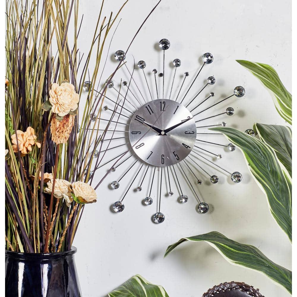 DecMode 15" Silver Metal Starburst Wall Clock with Crystal Accents