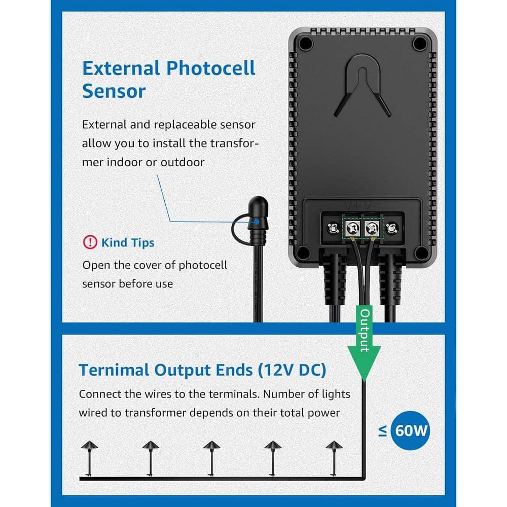 SUNVIE 60W Low Voltage Landscape Transformer with Timer and Photocell Sensor, 120V AC to 12V DC Landscape Lighting Transformer Weatherproof Low Voltage Transformer for Landscape Lights Pathway Lights