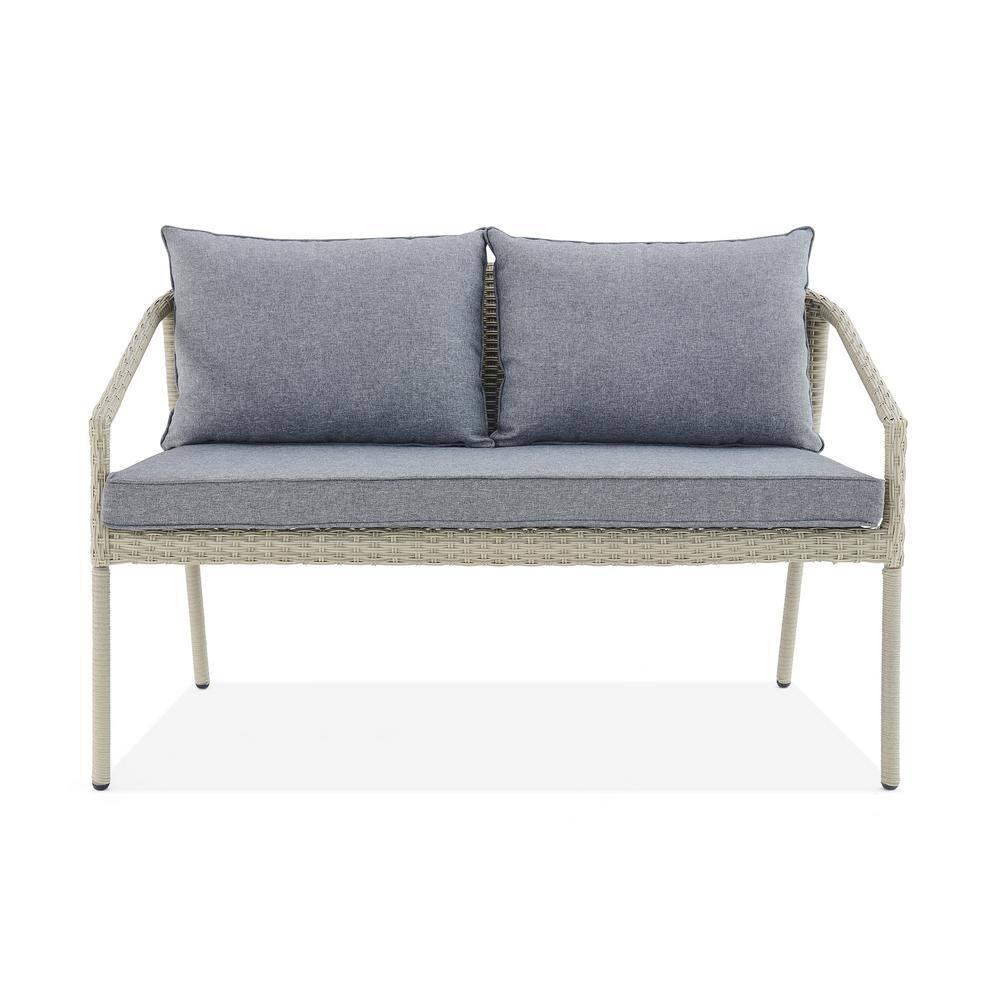 Windham All-Weather Wicker Two-Seat Outdoor Light Gray Bench with Dark Gray Cushions