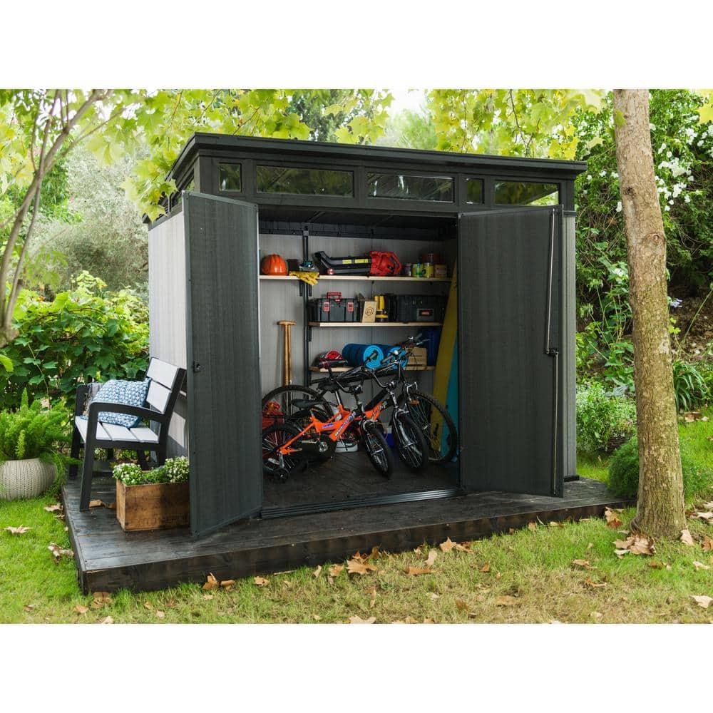 Keter Keter Artisan 9x7 ft. Modern Durable Resin Outdoor Storage Shed With Floor and Double Doors for Garden Patio Furniture and Tools, Grey