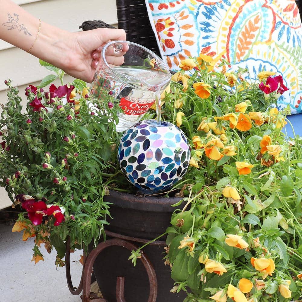 Sunnydaze Outdoor Mosaic Glass Watering Globe with Clay Spike for Planters - 9.5" - Spring Petals