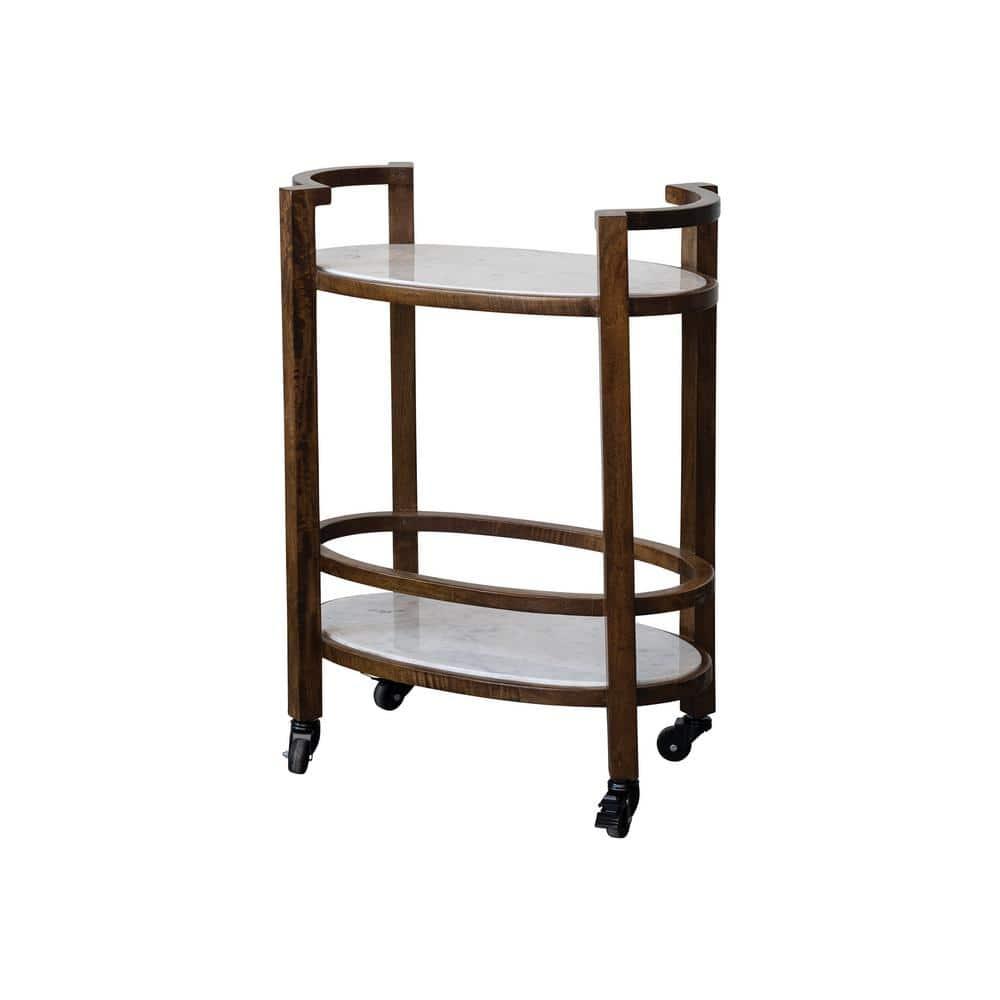 Walnut Finish and White Mango Wood and Marble 2-Tier Bar Cart