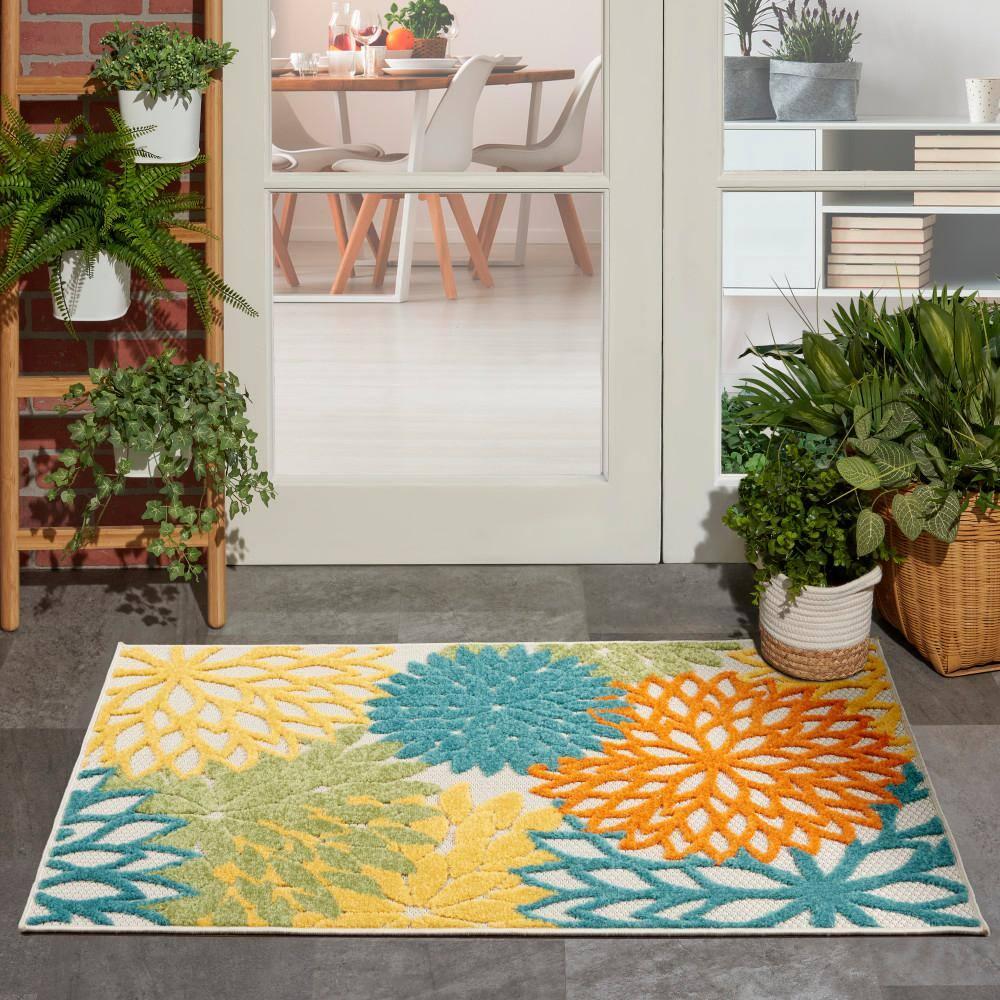Nourison Aloha Floral Bloom Flatweave High-Low Indoor Outdoor Area Rug Turquoise Multicolor 2'8" x 4'