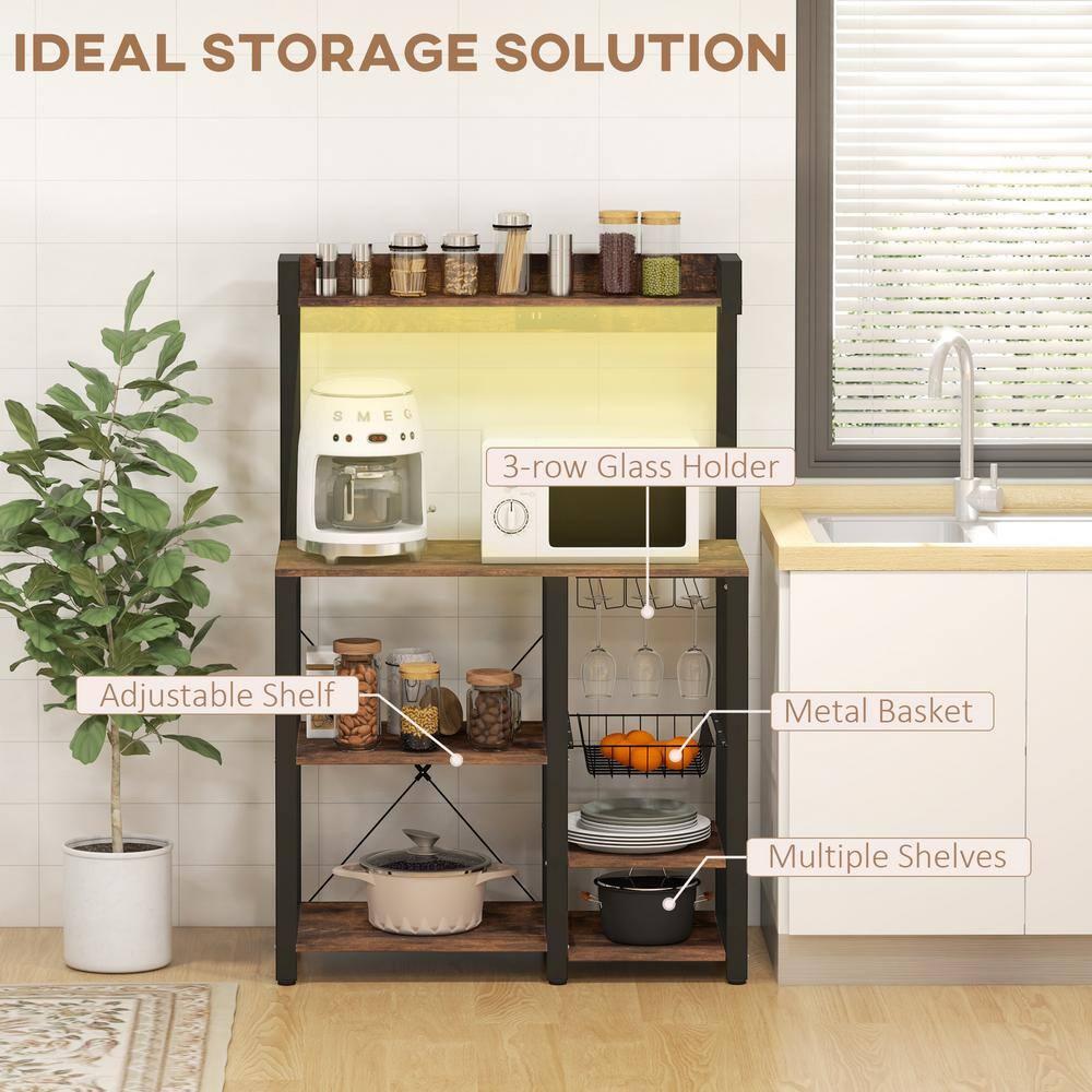 HOMCOM Industrial Kitchen Bakers Rack with Charging Station, RGB Lights, Glass Holders and Open Shelves, Rustic Brown