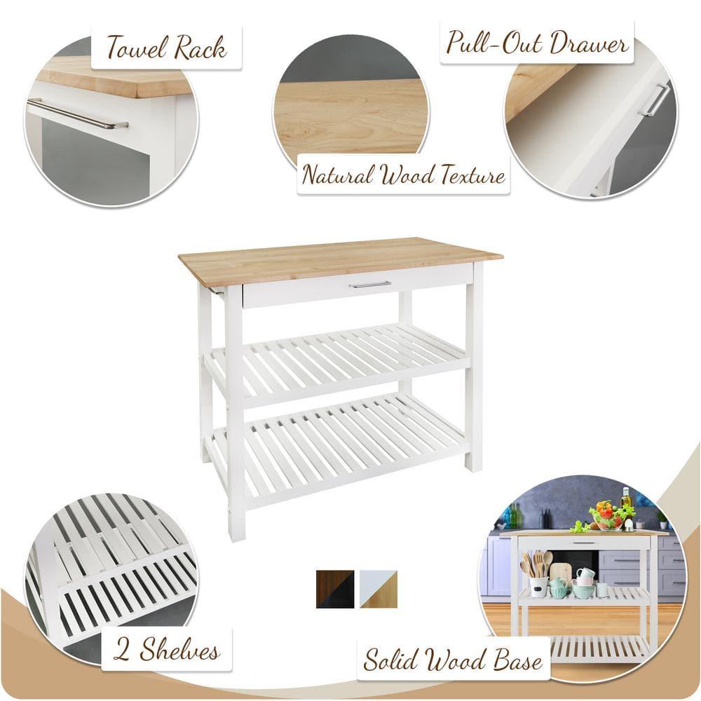 Casual Home Kitchen Island Bar Station with Hardwood Counter and Storage, White