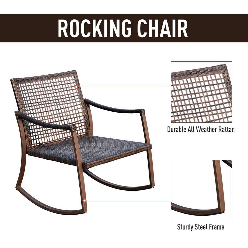Outsunny 3-Piece Bistro Set Outdoor Wicker Furniture Set with Rattan Rocking Chair, Side Table for Patio Backyard Garden and Balcony