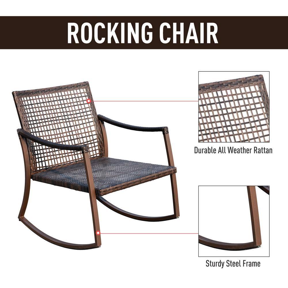 Outsunny 3-Piece Bistro Set Outdoor Wicker Furniture Set with Rattan Rocking Chair, Side Table for Patio Backyard Garden and Balcony