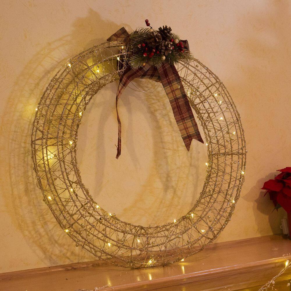 Hanging Christmas Wreath Decoration with Warm White LED Lights, Gold