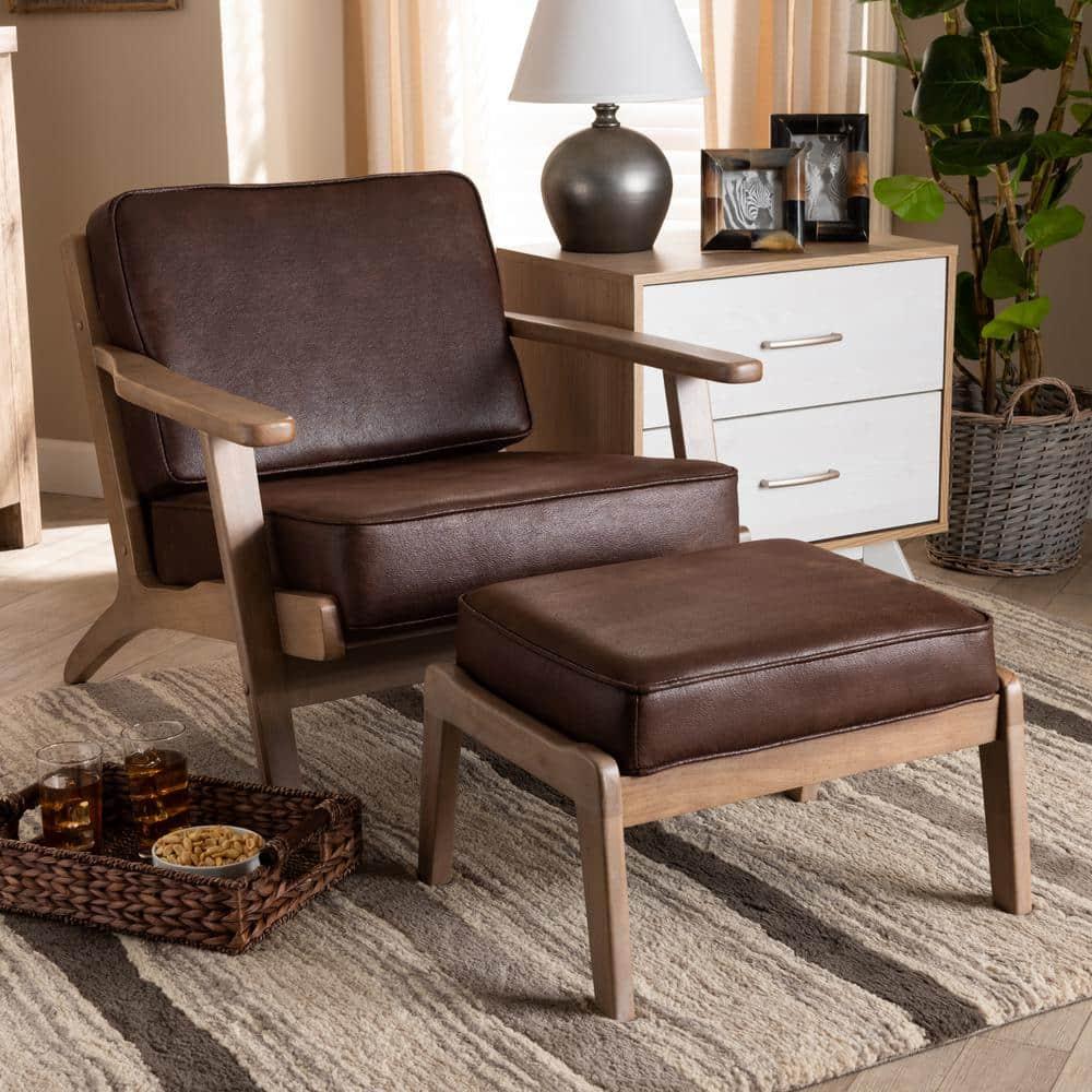 Antique Oak Dark Brown Faux Leather Accent Chair