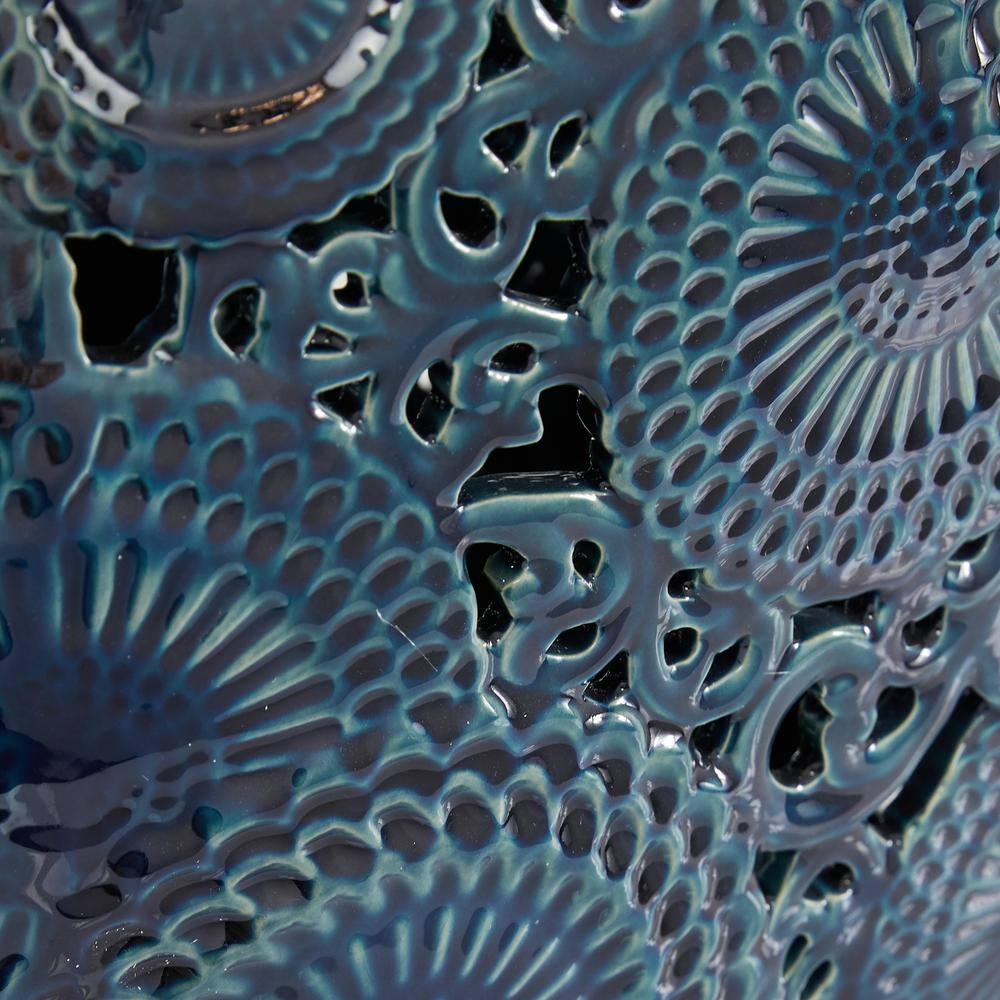 DecMode 16", 13"H Floral Blue Ceramic Vase with Cut Out Patterns, Set of 2