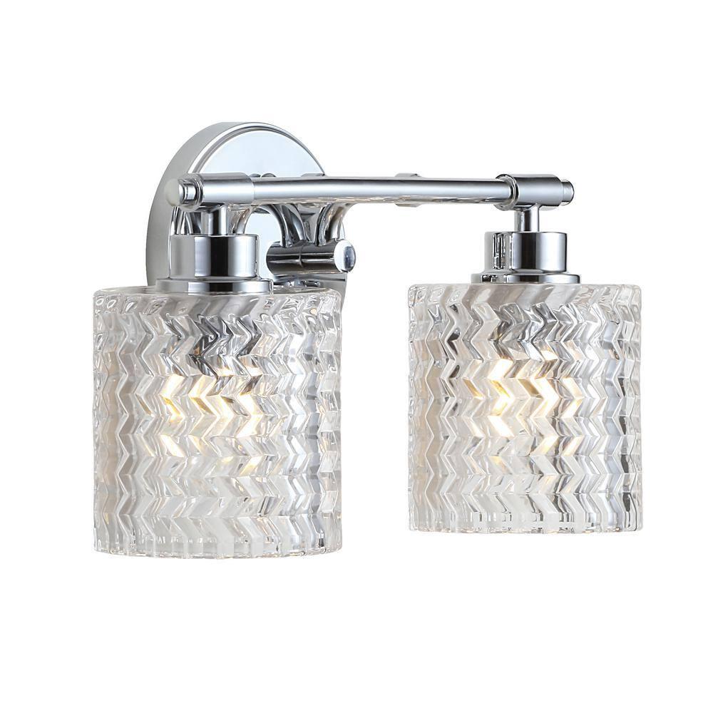 Spaulding Vintage 13" 2-Light Iron/Chevron Pattern Glass Farmhouse Cottage LED Vanity Light, Chrome