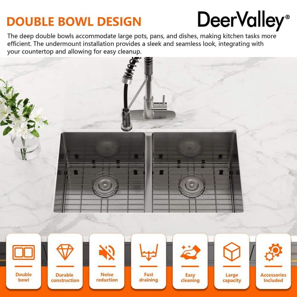 DeerValley 33'' L Undermount 50/50 Double Bowl Stainless Steel Kitchen Sink with Basket Strainers and Stainless Steel Grids