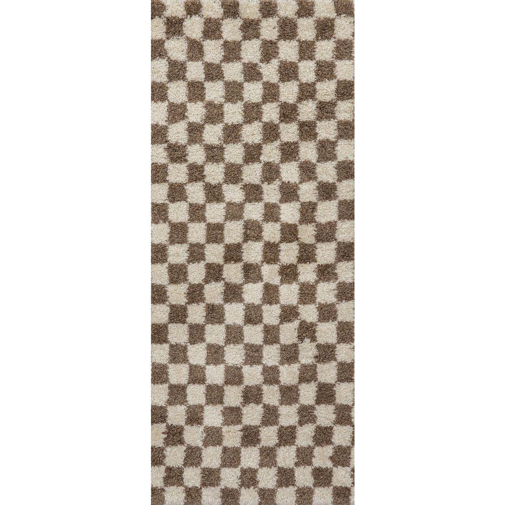 Nuloom Adelaide Checkered 2x8 Runner Shag Indoor Area Rug for Living Room Bedroom Dining Room Nursery Entryway Hallway, Beige/Brown