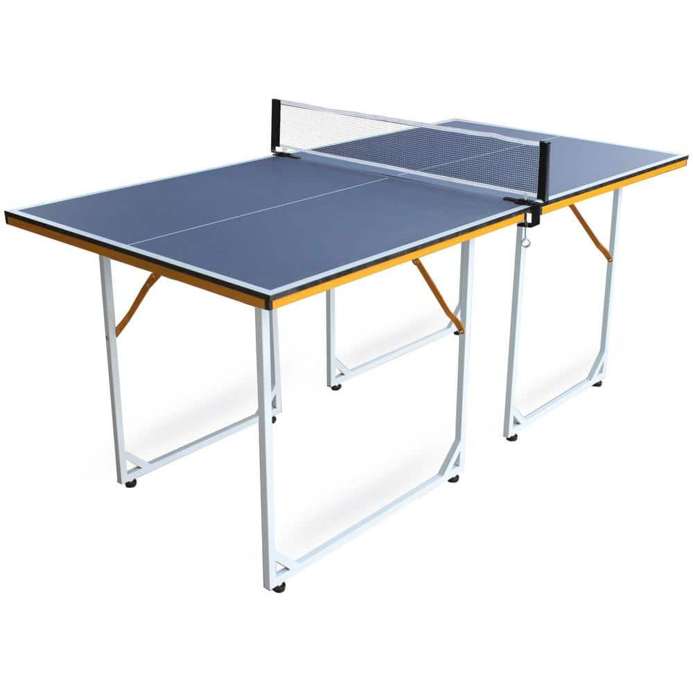 6Ft Foldable Table Tennis Game Set, Mid-Size Ping Pong Table, Indoor/Outdoor Portable Table Tennis Table Set with Ping Pong Net, 2 Table Tennis Paddles and 3 Balls, Sliver+Cyan