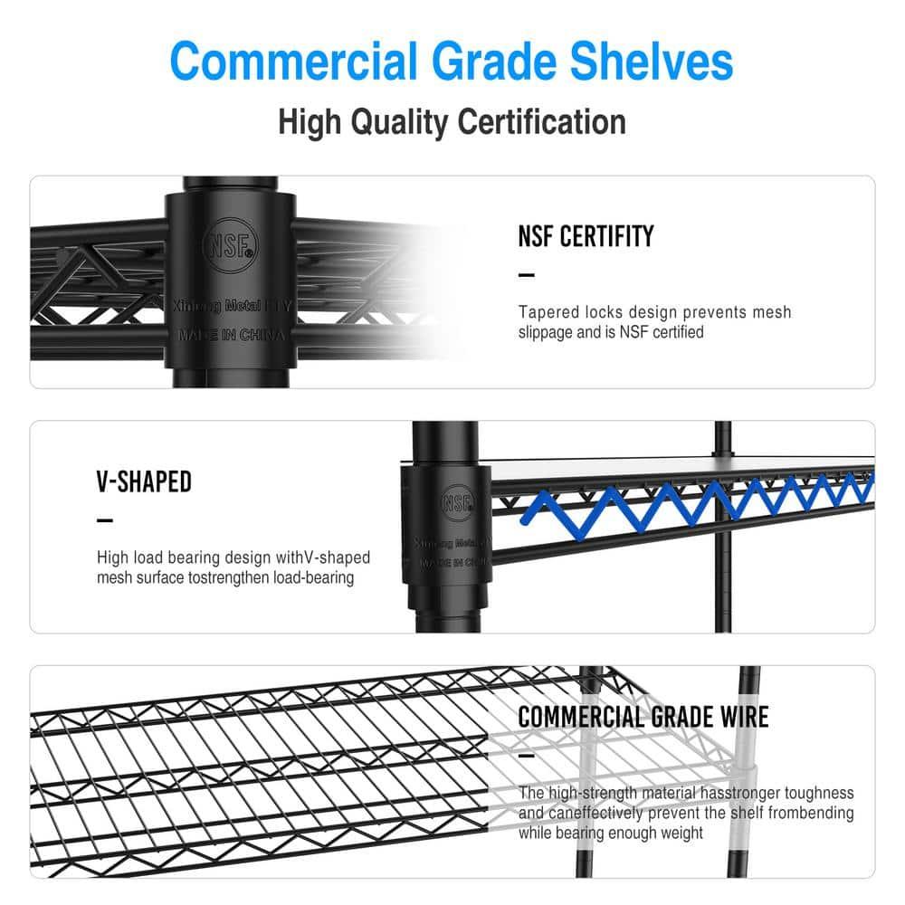 Black Heavy-Duty Steel 6-Tier Adjustable Wire Shelving Unit with Wheels