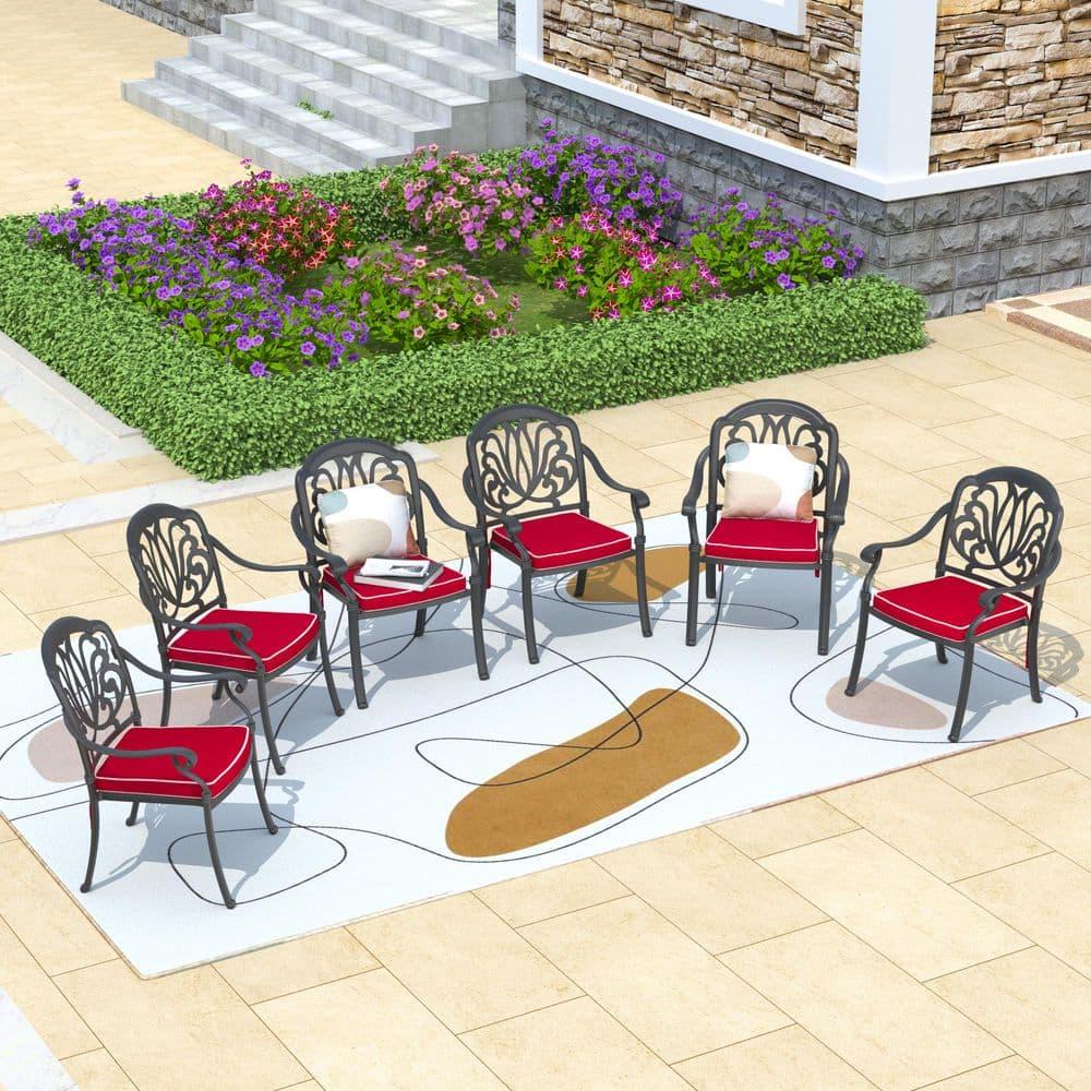 Hzzkey Outdoor Aluminum Dining Arm Chairs - Set of 6, Black, Random Color Cushions