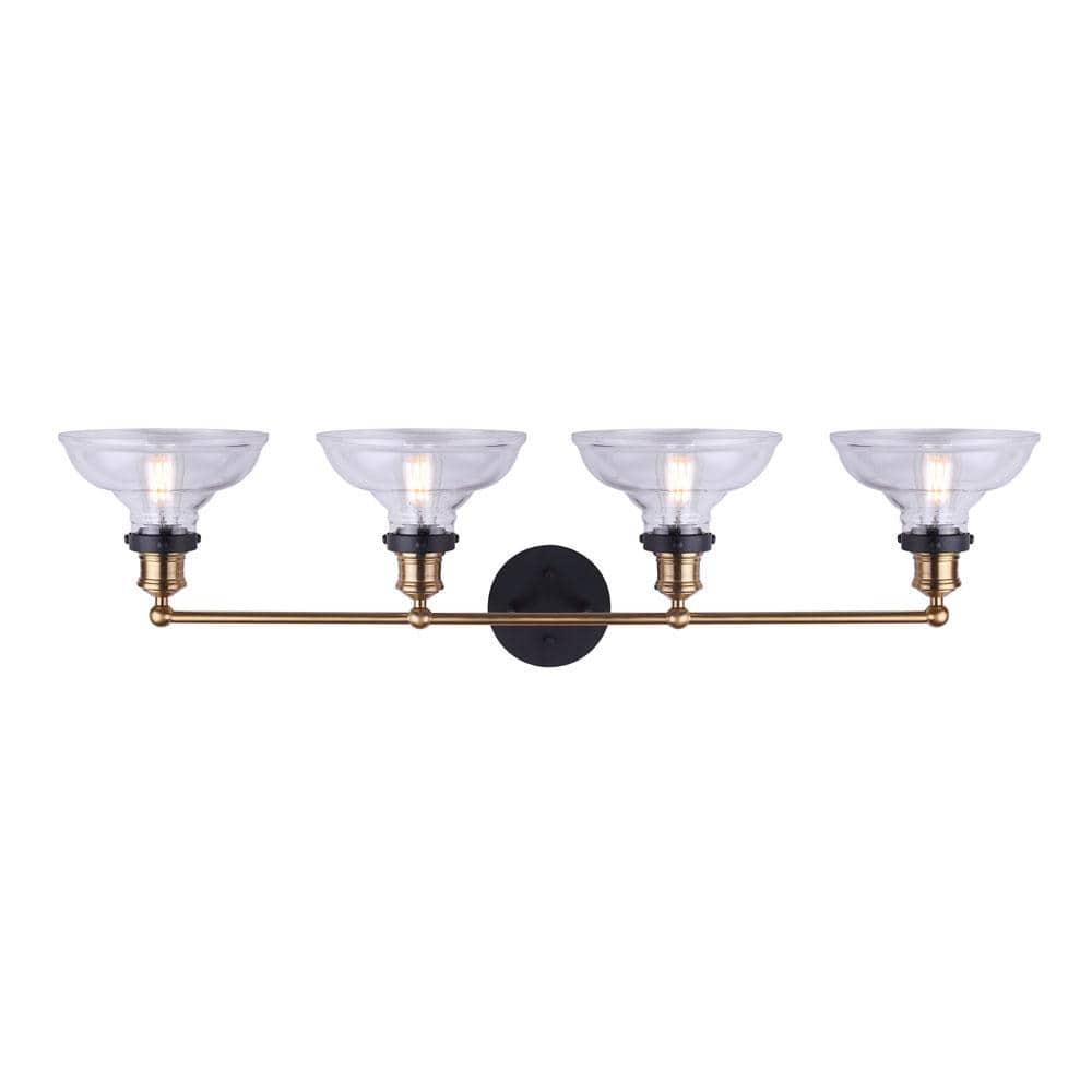 LORA Modern Farmhouse Vanity Light – 4-Light Industrial Bathroom Fixture, Matte Black & Gold Finish, Clear Glass Shades, 100W Type A, 38.5" Wide Over Mirror Wall Sconce
