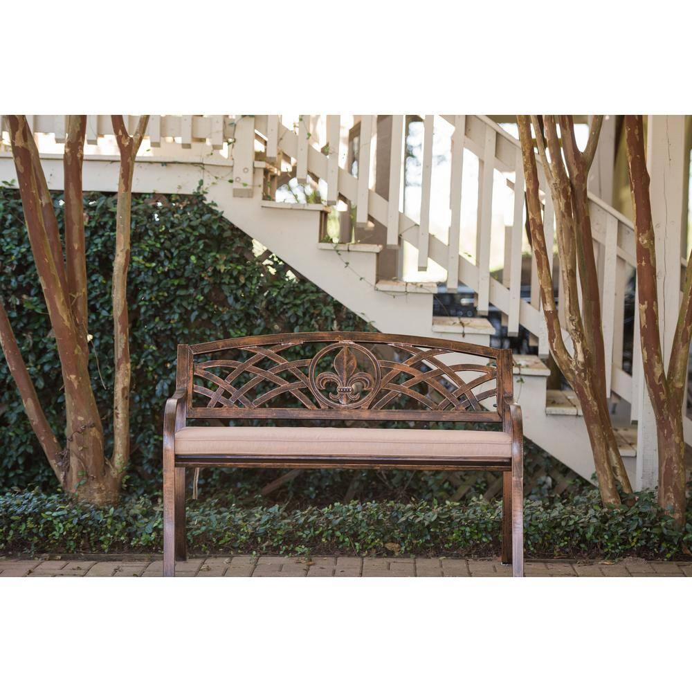 Leigh Country Outdoor Metal Patio Bench with Fleur-De-Lis - Bronze