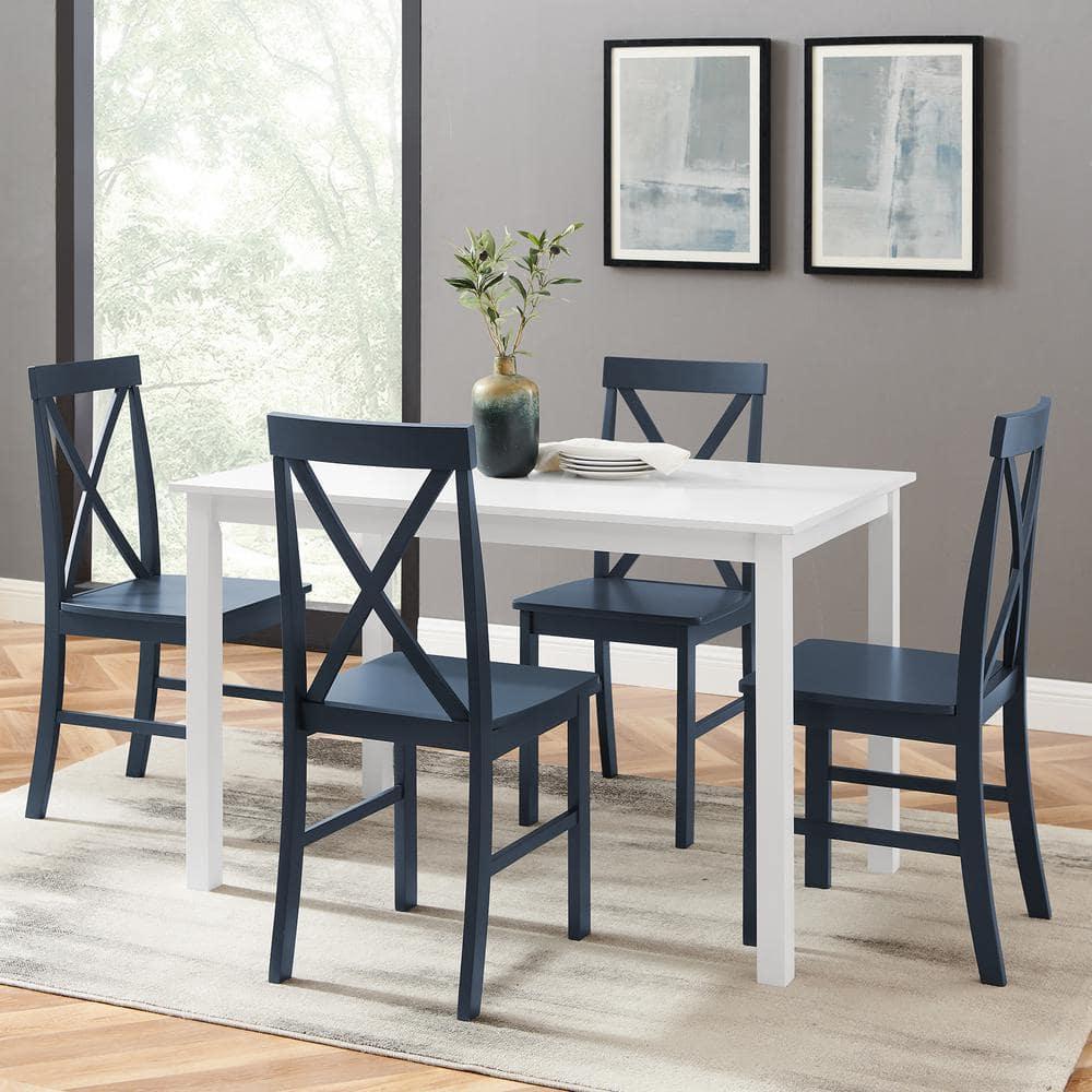 5pc Contemporary Farmhouse Dining Set White/Navy - Saracina Home: Rubberwood & MDF, Non-Extension Rectangle Table