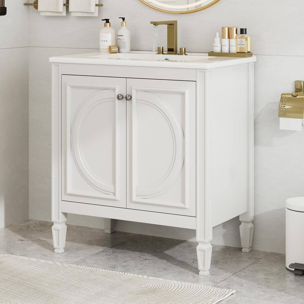 Christopher Knight Home Alison 30" Modern Rubberwood Bathroom Vanity with Ceramic Sink, Shelves and Drawer, White