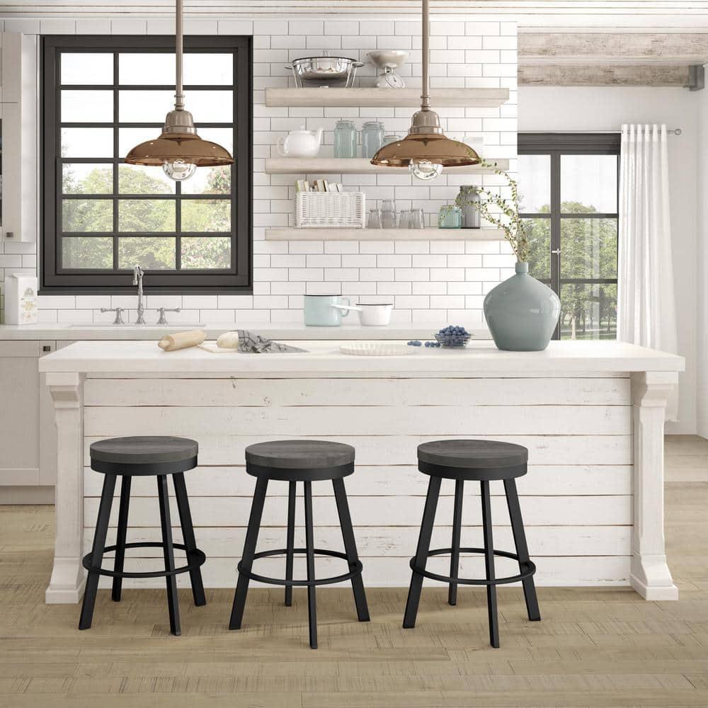 Amisco Warner 30 In. Swivel Bar Stool - Grey Distressed Wood / Black Metal