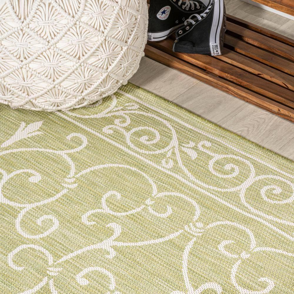 2' x 8' Charleston Vintage Filigree Textured Weave Indoor/Outdoor Runner Rug, Green/Cream - JONATHAN Y