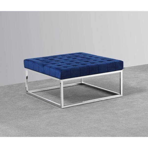 Best Master Velvet Upholstery Square Ottoman Coffee Table Navy Blue/Silver Base