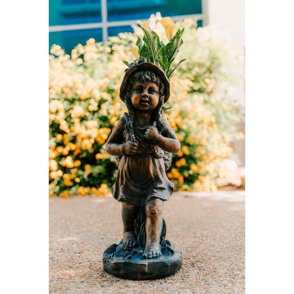 24in.H Faux Bronze Magnesium Oxide Walking Girl Garden Statue w/Small Flower PlantPot, Outdoor, Natural Design Sculpture