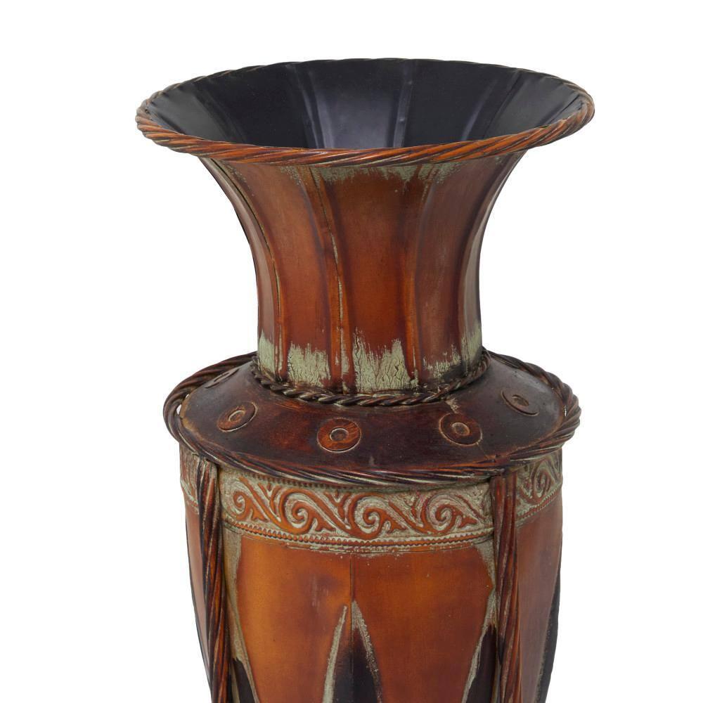DecMode 27" Tall Brown Metal Vase with Attached Metal Stand and Intricate Design
