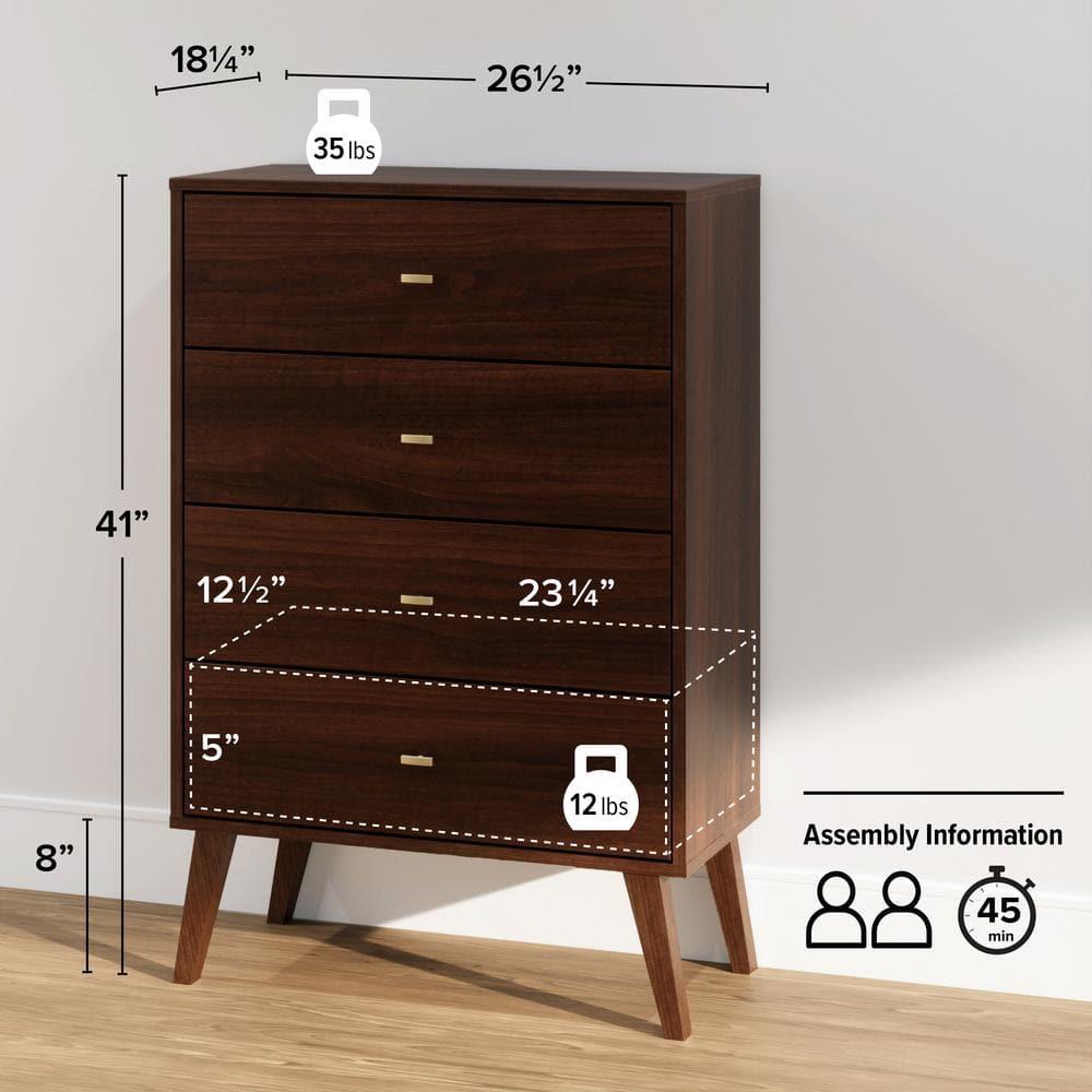 Milo Mid Century Modern 4 Drawer Chest Cherry - Prepac: Sleek Bedroom Storage Solution