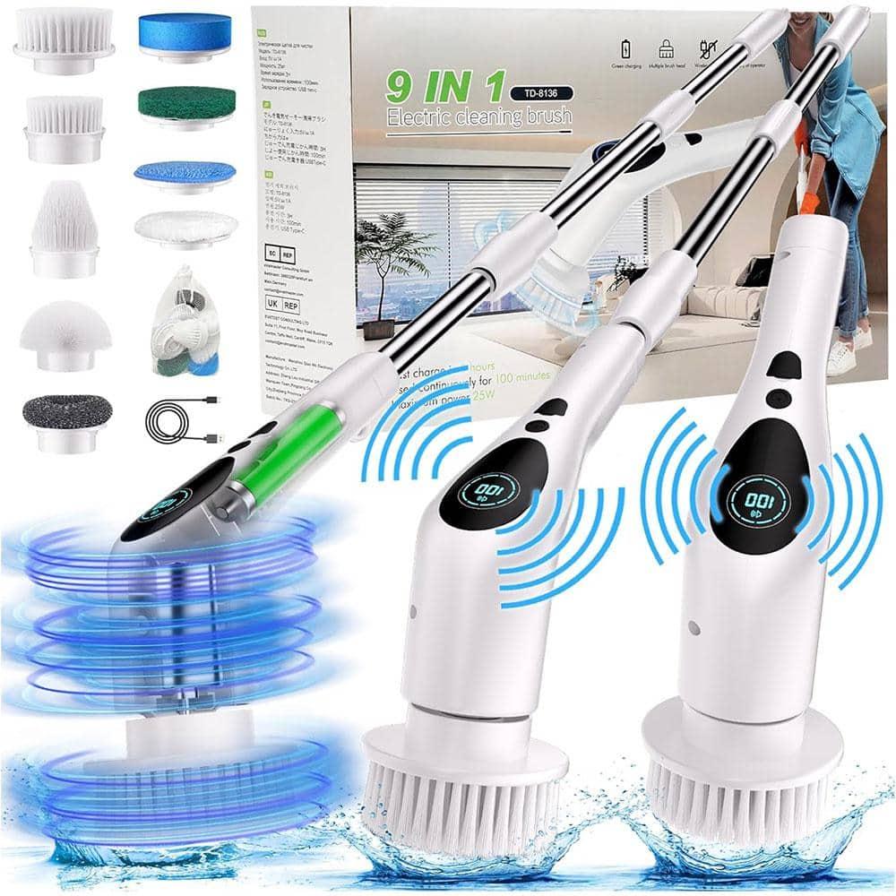 White Cordless Electric Spin Scrub Brush with Steel Handle