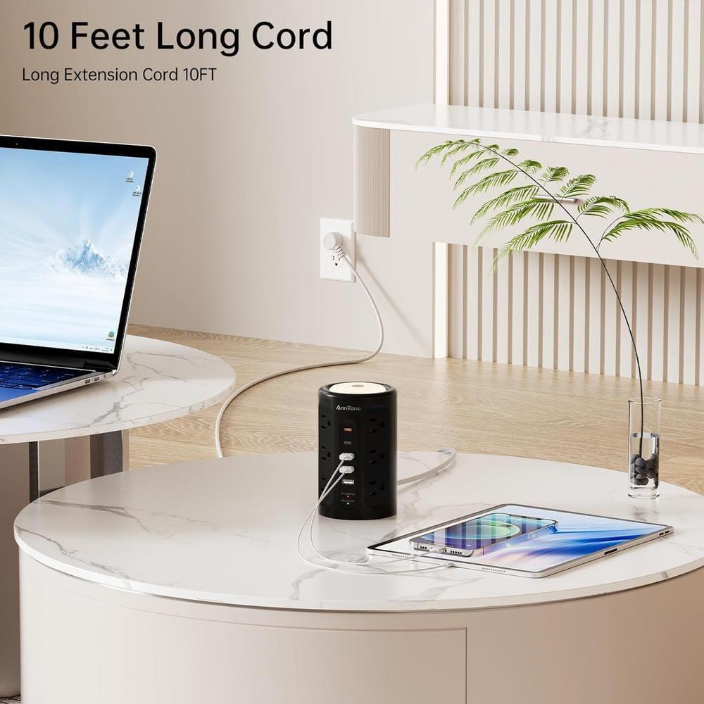 Power Strip Tower with Night Light, Power Strip Surge Protector with USB Ports, Extension Cord 10 FT with Multiple Outlets (12AC+3A+2C) for Home Office Desk DormRoom (Black)